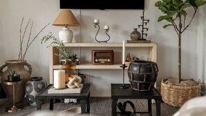 Una sala de estar con una televisión montada en la pared, un estante de madera con objetos decorativos, un radio y una planta en maceta.