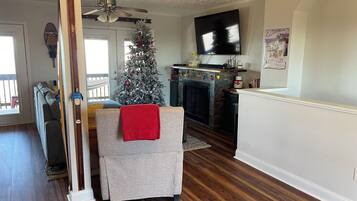 Smart TV, fireplace, books, computer monitors