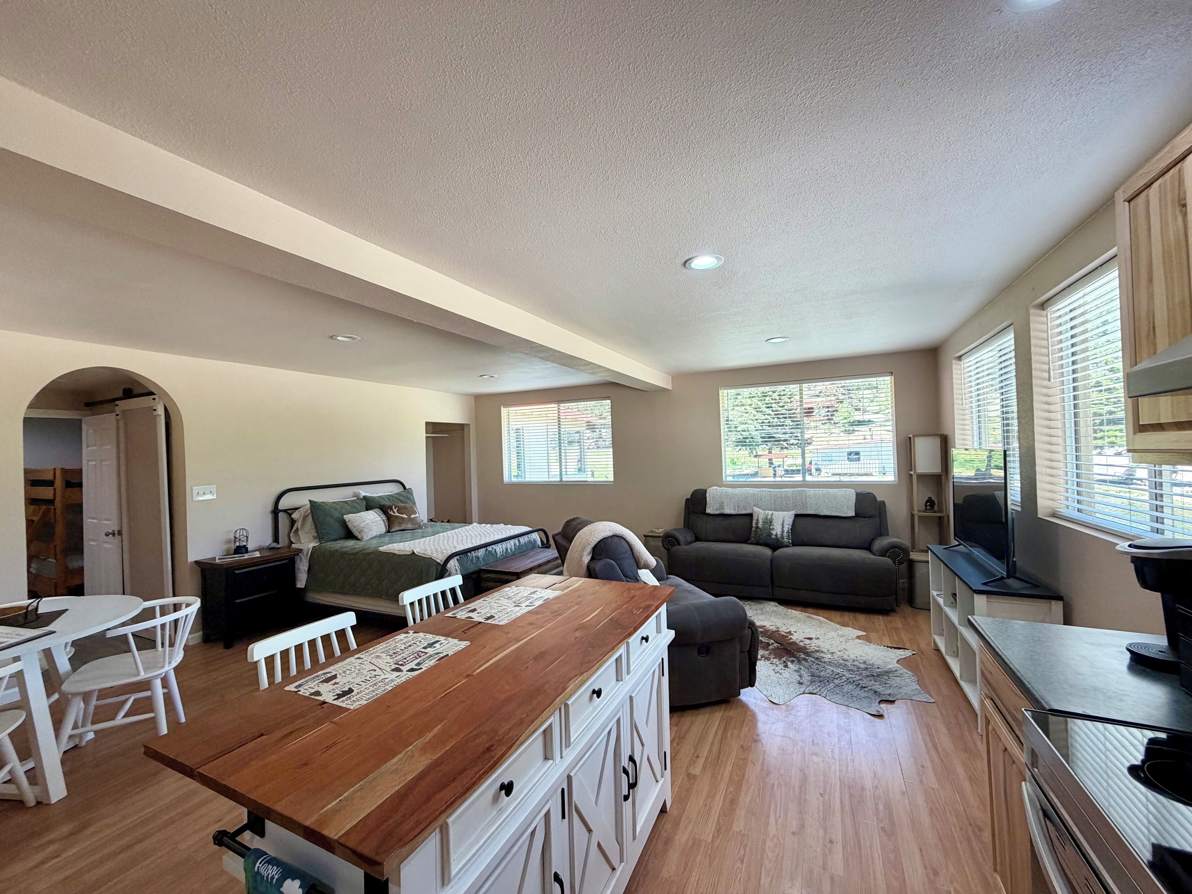 Une pièce spacieuse comprenant une table à manger en bois, un lit recouvert d’une couverture verte, un canapé gris et un téléviseur.