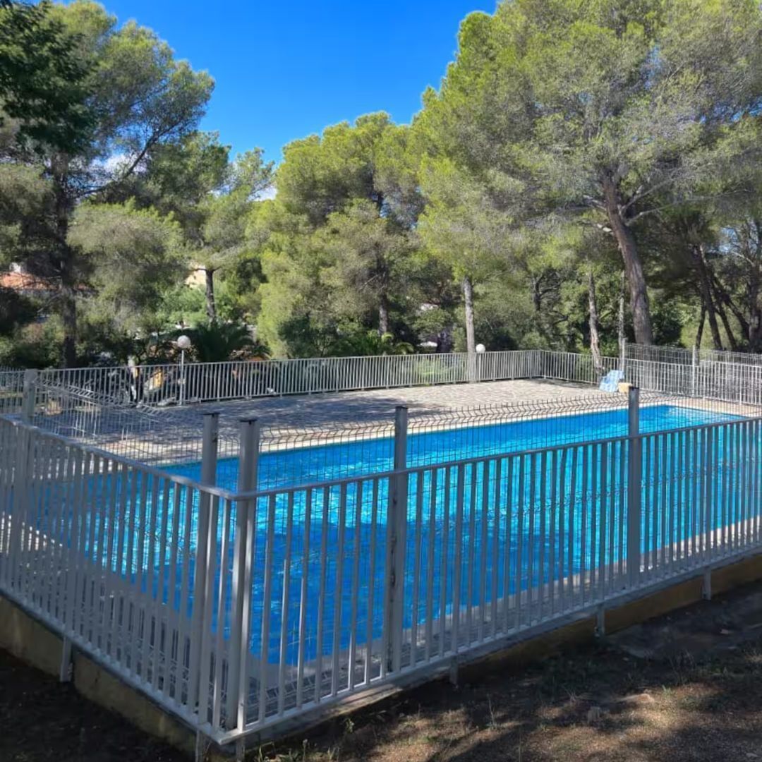 Une piscine rectangulaire entourée d’une clôture blanche, elle-même bordée d’arbres.