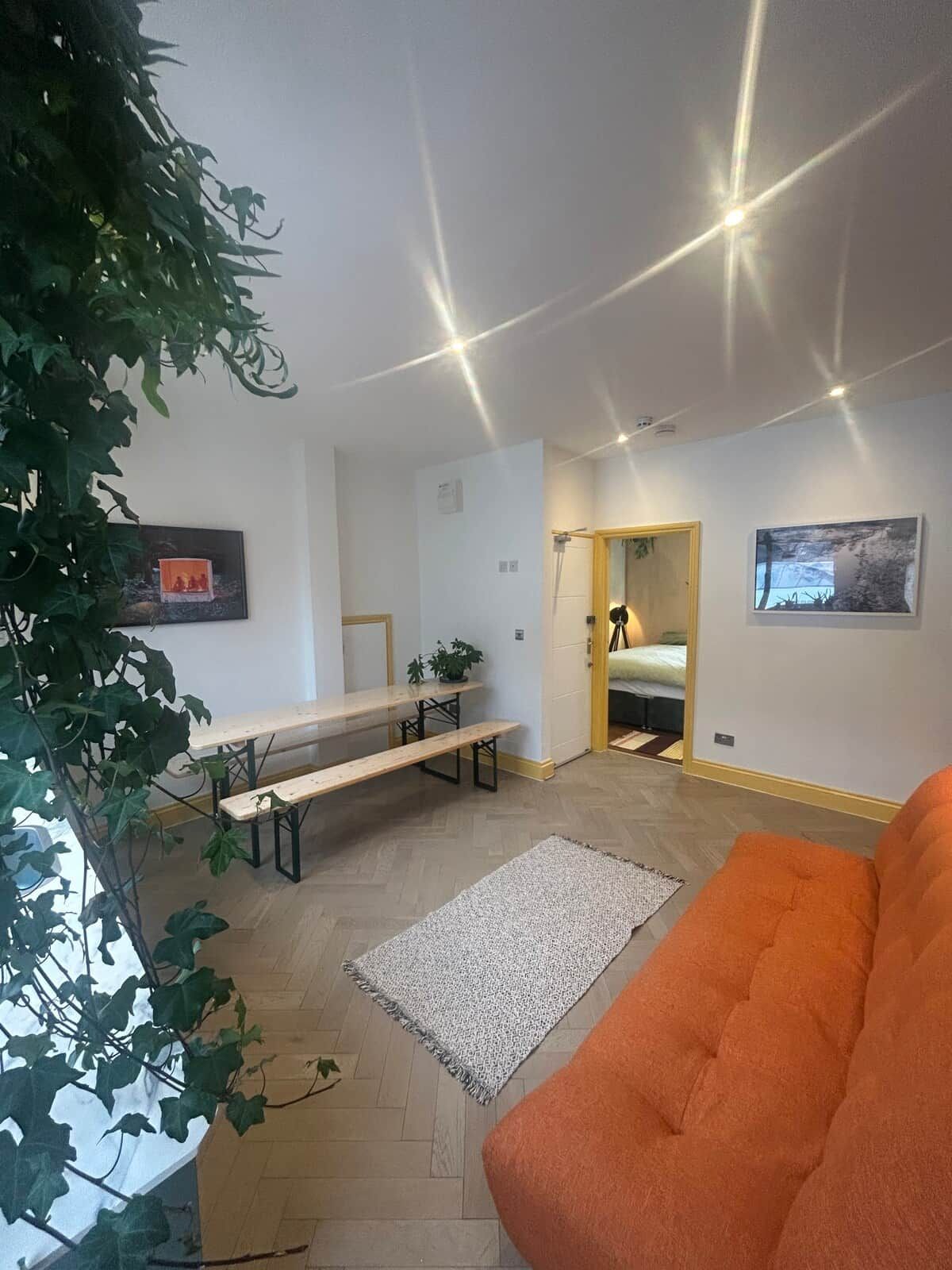 Een moderne woonkamer met een bankje, een bank en een grote plant.