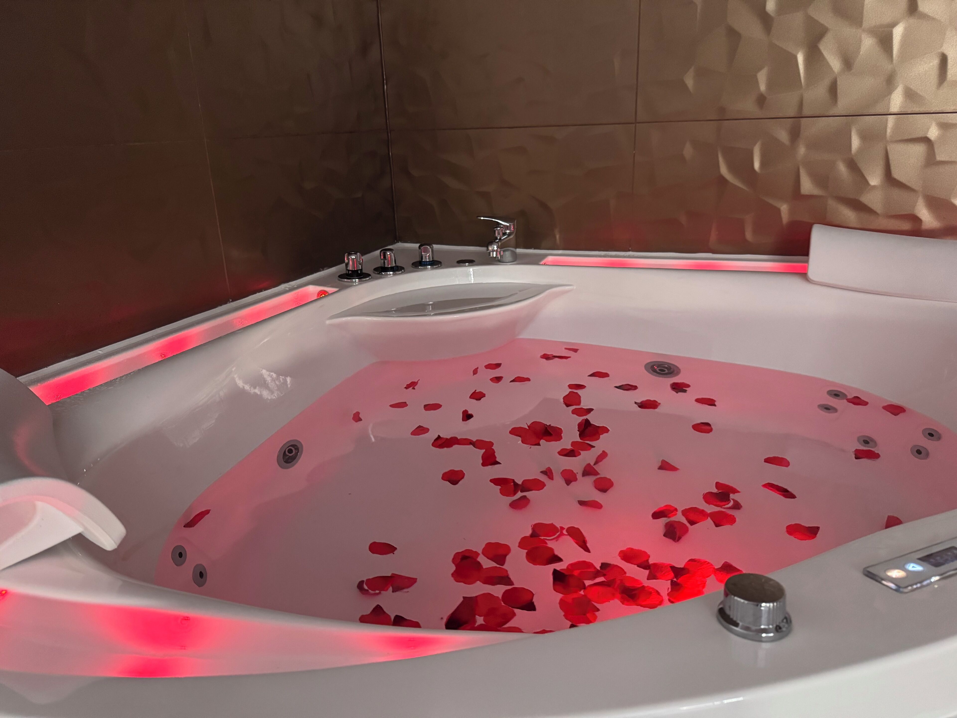 Jetted bath, hair dryer, towels, soap