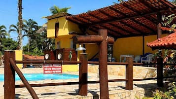 Outdoor pool, pool umbrellas, pool loungers