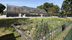 Ein großes Gebäude mit vielen Fenstern und einem geneigten Dach, umgeben von einem eingezäunten Bereich mit einer Palme und hohem Gras.