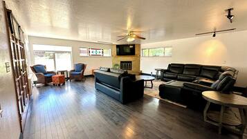 Smart TV, fireplace, foosball