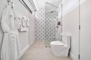 Hair dryer, towels, soap, toilet paper