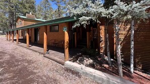 Un hilera de cabañas de madera con un techo cubierto, numeradas 81, rodeadas de árboles.