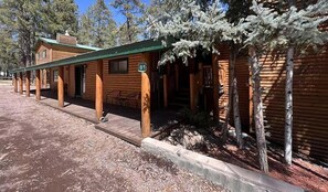 A row of log cabins with a covered walkway, numbered 81, surrounded by trees.