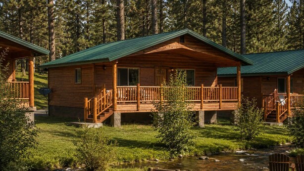 Eine Hütte mit einer Veranda, einem kleinen Bach und einem Wald im Hintergrund.
