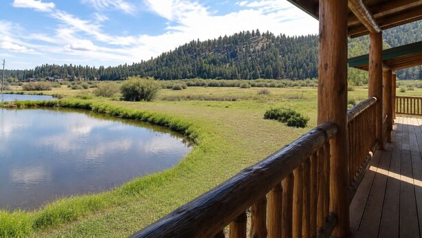 Una terraza de madera con vista a un lago y colinas boscosas.