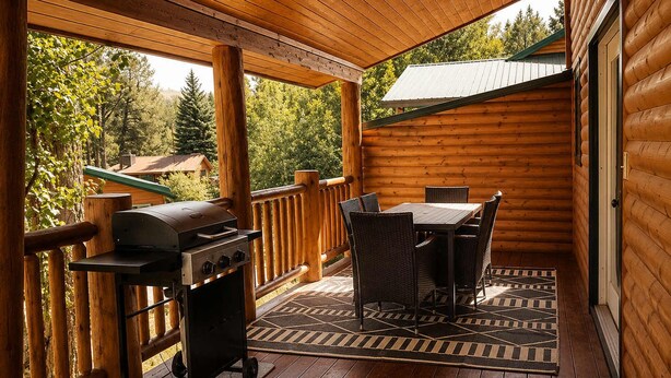 Terraza de madera con una parrilla y mesa, rodeada por barandilla de madera.