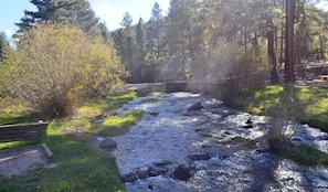 Ein Fluss fließt durch ein bewaldetes Gebiet, mit einer Holzbrücke und einem Picknicktisch.