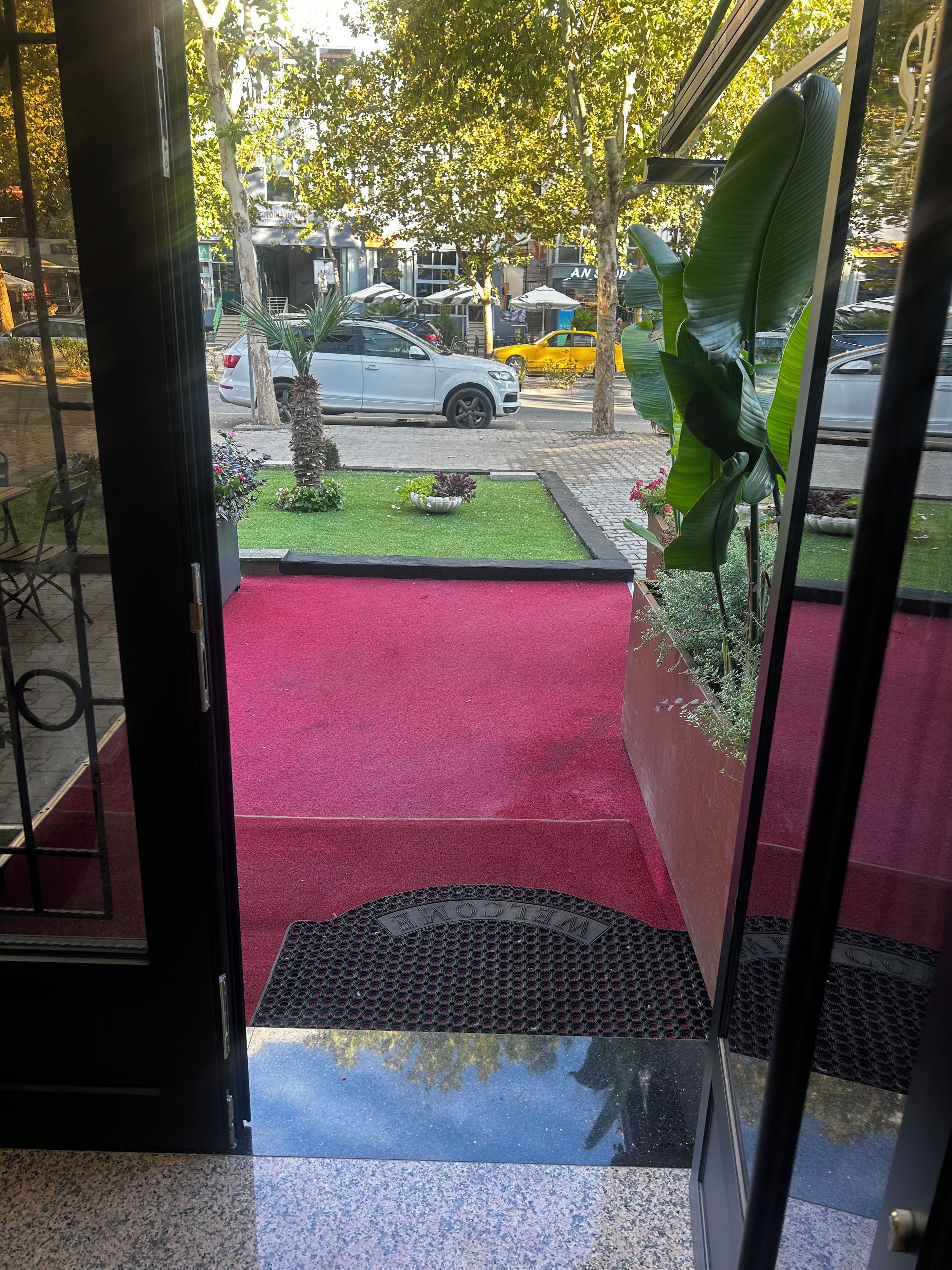 A hotel entrance with a red carpet leading to a welcome mat, a small garden with plants, and a view of the street with parked cars and trees.