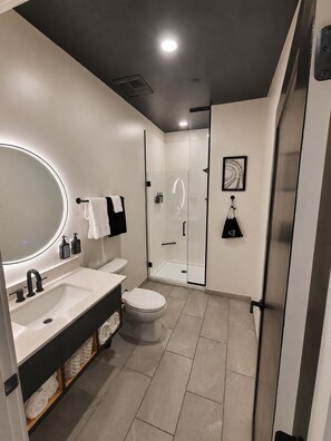 Une salle de bain moderne avec un grand miroir, un lavabo, des toilettes et une douche à parois de verre.
