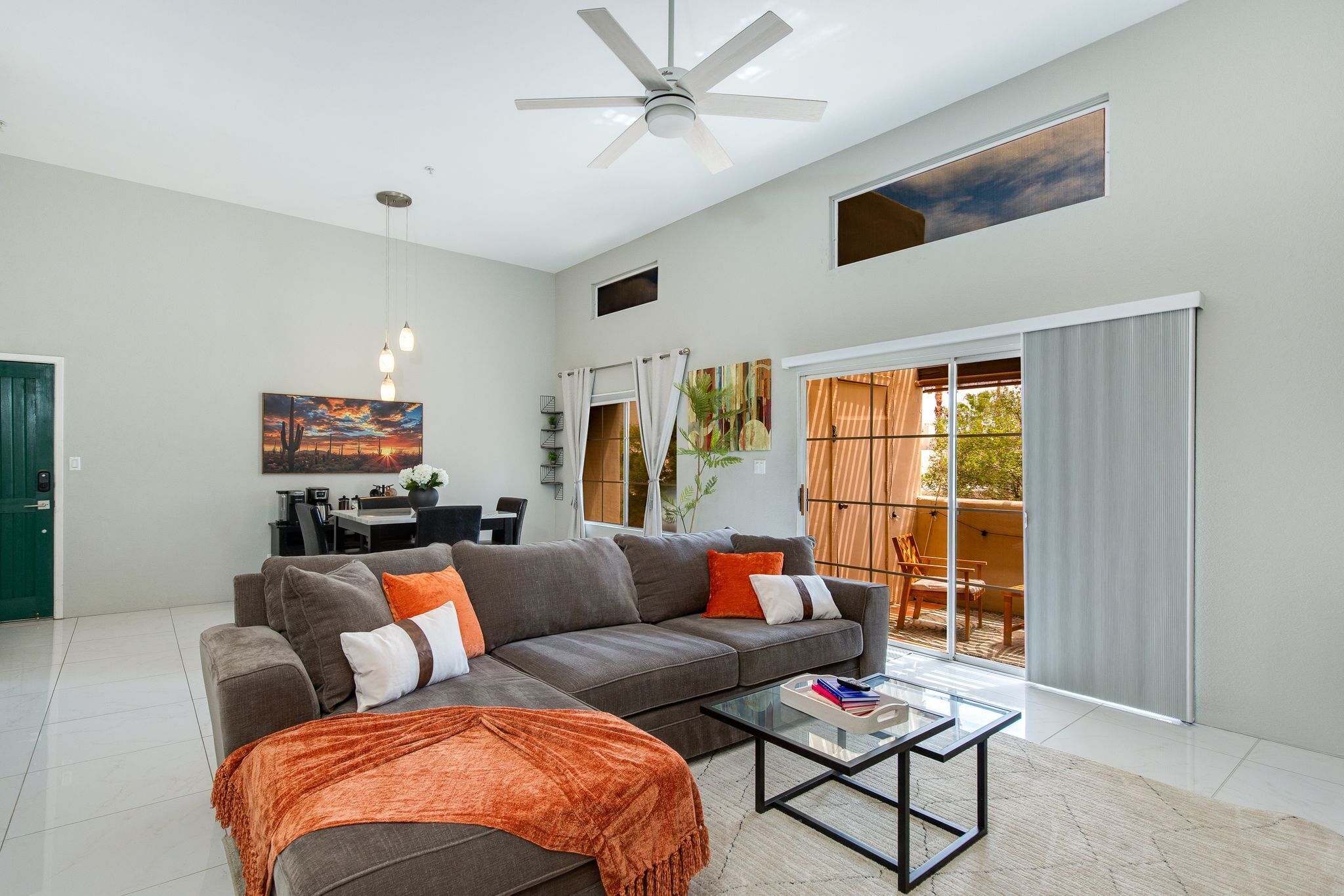 Smart TV, fireplace, books, printers