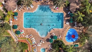 Vista aérea de um resort com piscina central, espreguiçadeiras, guarda-sóis e palmeiras.