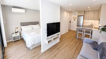 Habitación de hotel moderna con cama, televisión, kitchenette y sofá.