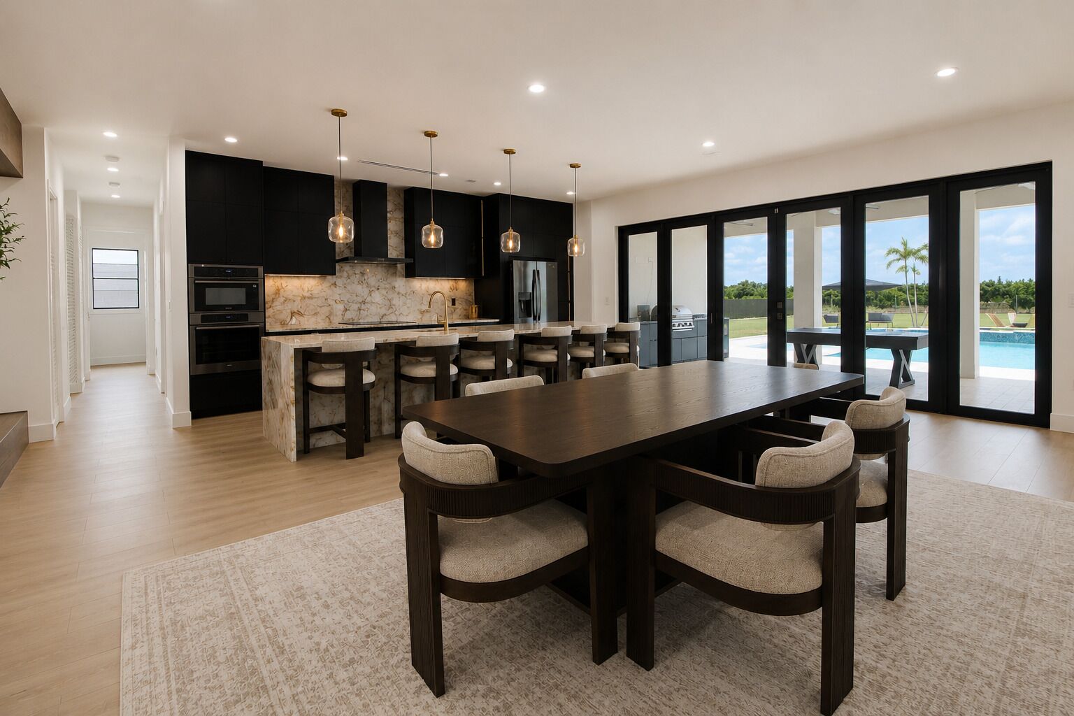A modern kitchen with a large island, bar stools, and pendant lighting.