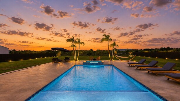 A rectangular swimming pool with a tiled edge, surrounded by lounge chairs and palm trees, set against a sunset sky. - Luxury Miami 5BR Retreat W/Pool,Jacuzzi & Outdoor Kitchen . (Miami)