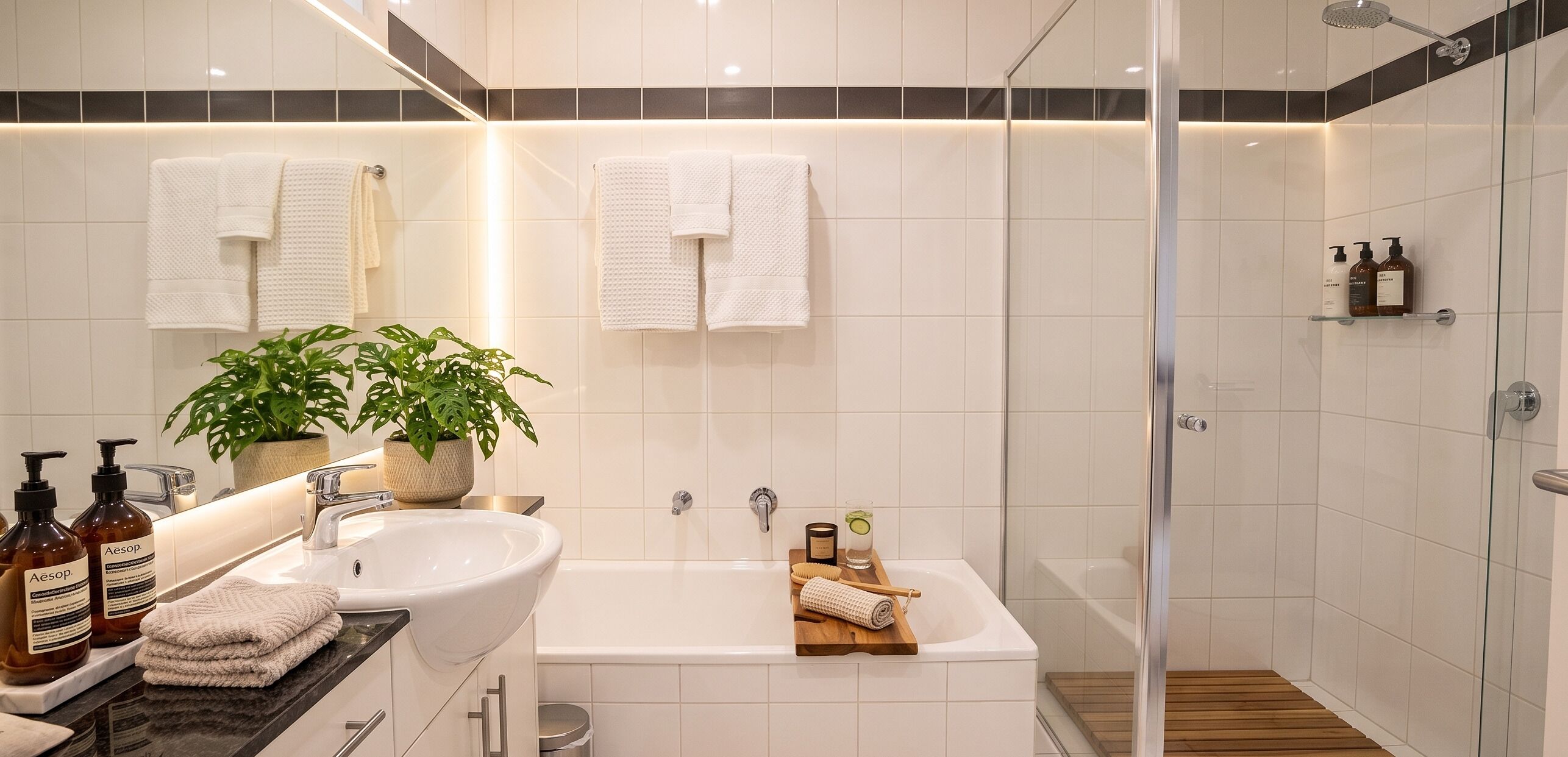 Een haardroger, handdoeken, zeep, shampoo