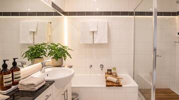 Hair dryer, towels, soap, shampoo