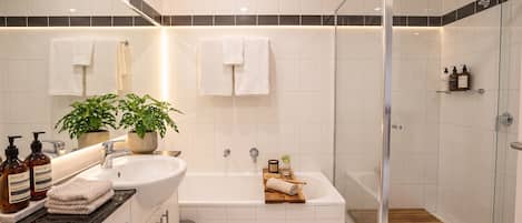 Hair dryer, towels, soap, shampoo