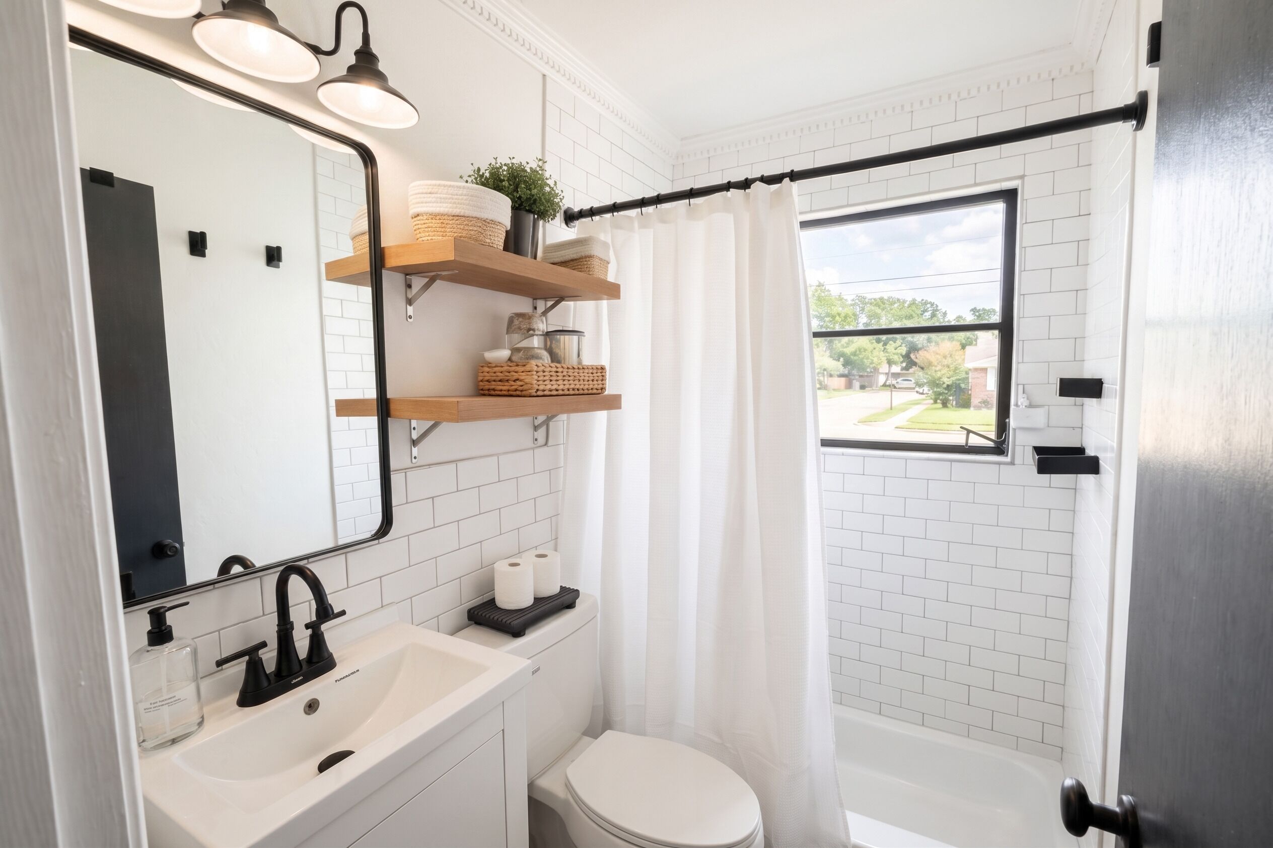 Un baño con lavamanos blanco, inodoro, espejo, repisas con cestas y cortina de ducha.