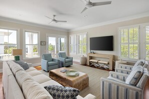 A spacious living room with a sofa, two armchairs, a coffee table, a flat-screen TV, and a fireplace. - Private Pool + Rooftop Ocean Views (Isle Of Palms)