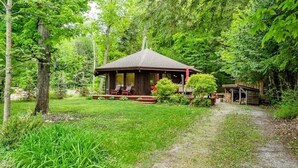 Een houten hut met een veranda, omringd door weelderige begroeiing en bomen.