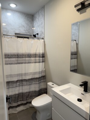 Un baño con cortina de ducha, inodoro, lavabo y espejo.