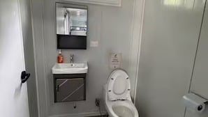 Une salle de bain avec des toilettes, un lavabo et un miroir.