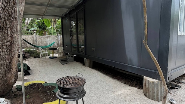 Un espace extérieur abrité, équipé d’un barbecue, avec un arbre et un petit parterre de fleurs.