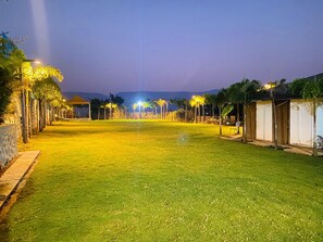 A well-lit outdoor area with a grassy lawn, palm trees, and a row of wooden structures, likely guest rooms or cabins. - 7 Monkey Hills Resort By Spicy Mango (Paud)