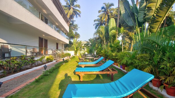 A resort with outdoor lounge chairs, a pool area, and lush tropical vegetation. - Oceano Beach Resort Goa (Arambol)