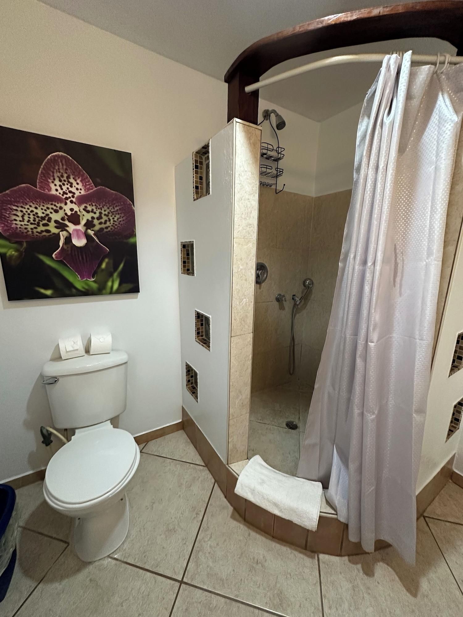 A bathroom with a toilet, shower, and a wall-mounted orchid painting.