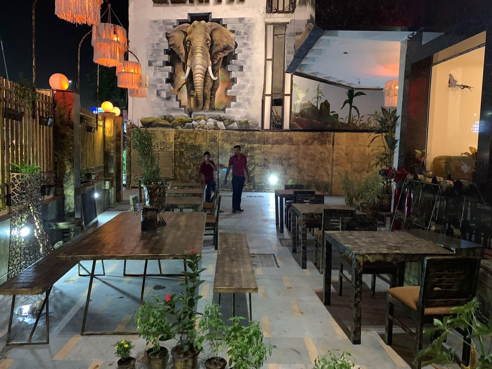 Un espace extérieur aménagé pour les repas, avec des tables et des chaises, une grande fresque représentant un éléphant sur le mur et des guirlandes lumineuses suspendues.