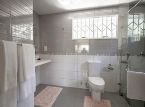 A modern bathroom with a toilet, sink, and shower area. - Surfers Self Catering Chalets (Mahé Island)
