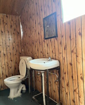 A wooden-paneled bathroom with a toilet and a pedestal sink. - Padma Cottage Pangong (Leh)