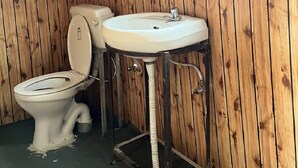 A wooden-paneled bathroom with a toilet and a pedestal sink. - Padma Cottage Pangong (Leh)