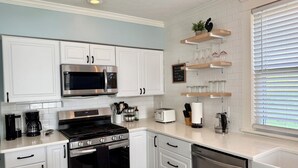A modern kitchen with white cabinetry, stainless steel appliances, and a window with blinds.