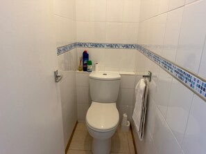 Ett litet, rent badrum med en toalett, en handduksställning och en hylla med toalettartiklar.