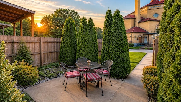 Une terrasse avec une table et des chaises, entourée d’une clôture en bois et bordée d’arbres coniques et imposants.