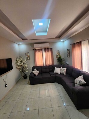 Uma sala de estar com sofá seccional, televisão de tela plana, luminária no teto e planta em vaso.