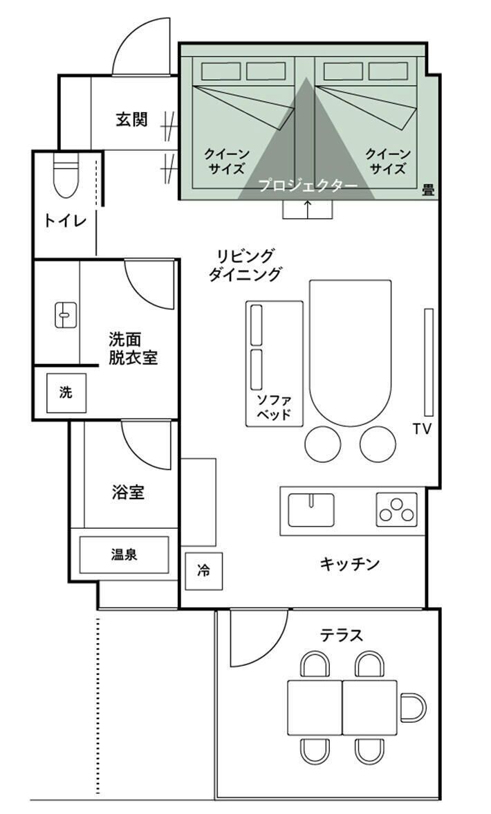 A hotel layout with a balcony, a TV, a kitchenette, a bathroom, a living area, and a terrace.