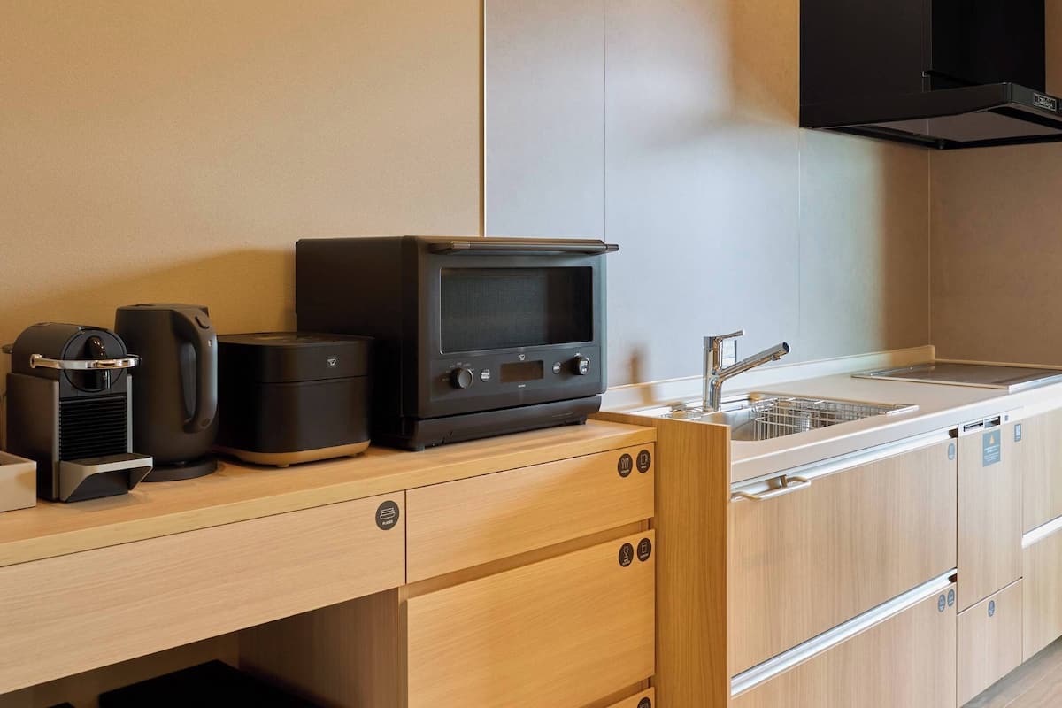 Full-size fridge, microwave, oven, stovetop