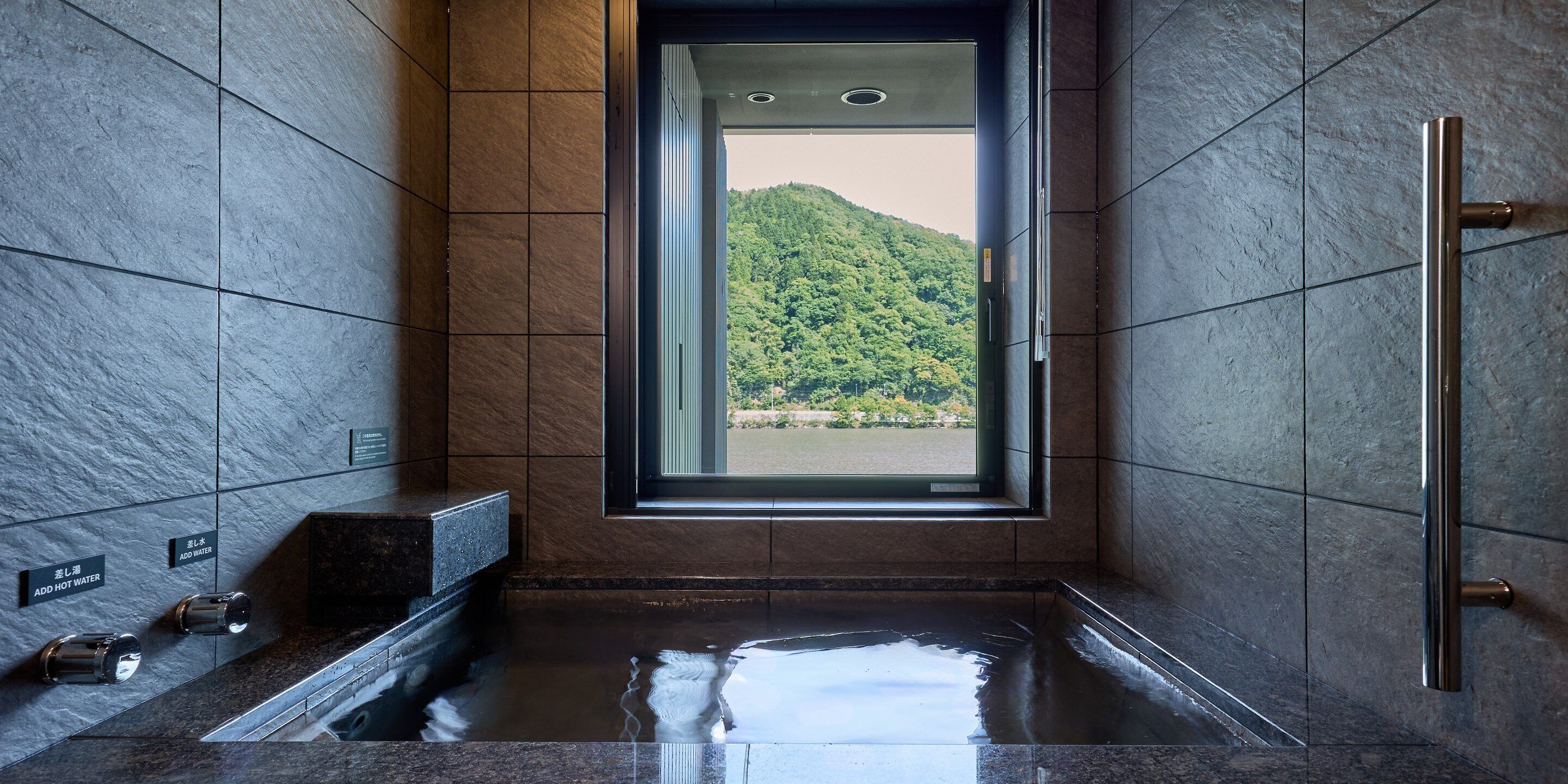 A modern bathroom with a large bathtub, a window with a view of a forested hill, and a metallic handrail.