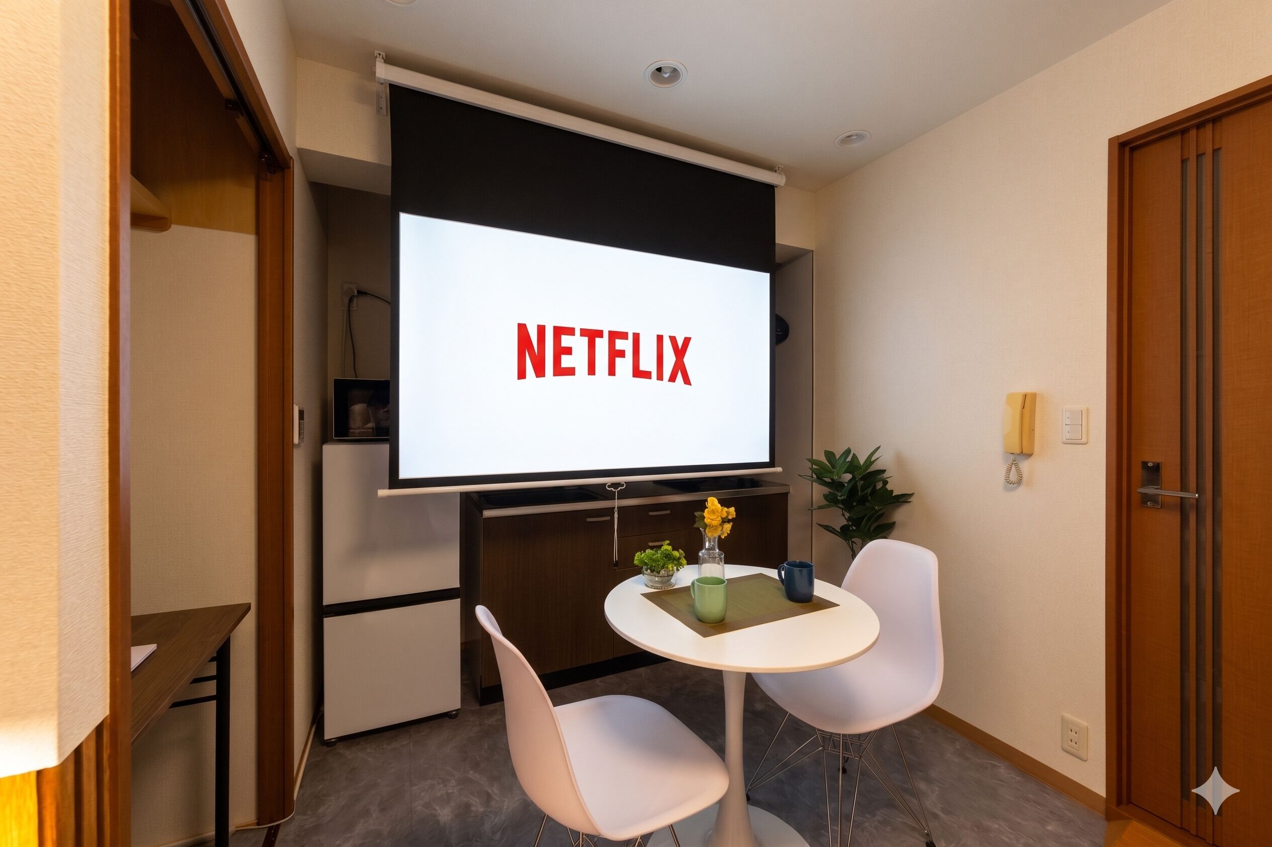 Una habitación pequeña con una televisión de pantalla plana mostrando 'NETFLIX', una mesa blanca con dos sillas, una planta pequeña y un jarrón con flores amarillas.