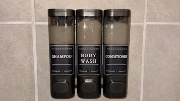 Shower, towels, soap, shampoo