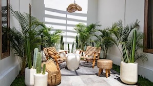 A sunlit interior with wicker furniture, potted cacti, and a hanging light fixture. - Umalas Jungle Villa (Kerobokan)