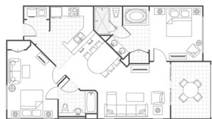A floor plan of a hotel with a kitchen, dining area, two bedrooms, a bathroom, and a living room. - 2BR Villa @ Newport Coast Villas ~ Full Resort Access (Newport Beach)